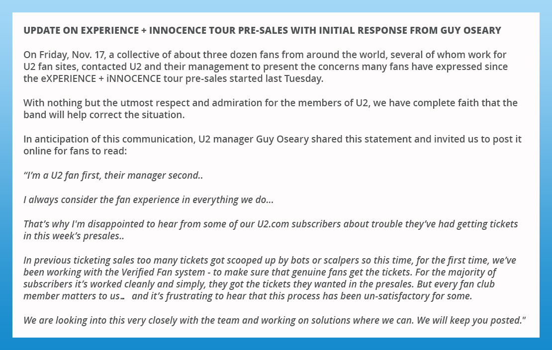 Bild zu: Neuigkeiten zum e+i-Tour Presale / Stellungnahme von U2 Manager Guy Oseary
