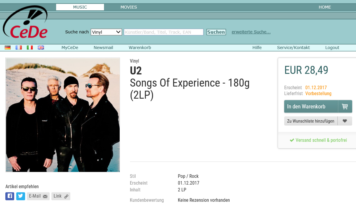 Bild zu: Erster online Händler bewirbt Songs of Experience!